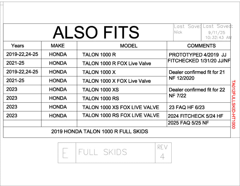 Trail Armor 2 Seater Trail Armor Honda Talon 1000 R, Talon 1000 X, Talon 1000 R Fox Live Valve, Talon X Fox Live Valve, Talon 1000 XS, Talon 1000 RS, Talon 100 XS Fox Live Valve, Talon 1000 RS Fox Live Valve Full Skids