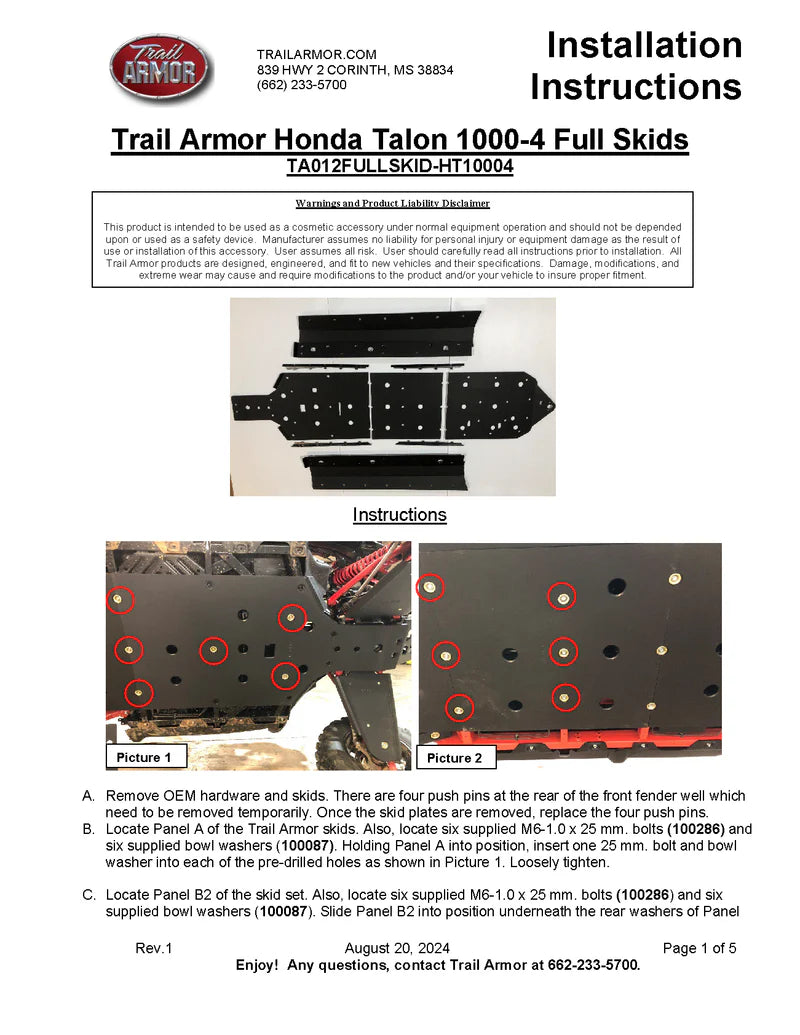4 Seater Trail Armor 2020 - 2022, 2024 Honda Talon 1000X-4, 2020 - 2024 Talon 1000S-4 Fox Live Valve, 2023 Talon 1000XS-4, Talon 1000XS-4 Fox Live Valve, 2023 - 2024 Talon 1000R-4 Fox Live Valve Full Skids