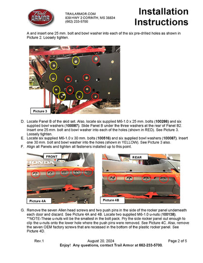 4 Seater Trail Armor 2020 - 2022, 2024 Honda Talon 1000X-4, 2020 - 2024 Talon 1000S-4 Fox Live Valve, 2023 Talon 1000XS-4, Talon 1000XS-4 Fox Live Valve, 2023 - 2024 Talon 1000R-4 Fox Live Valve Full Skids