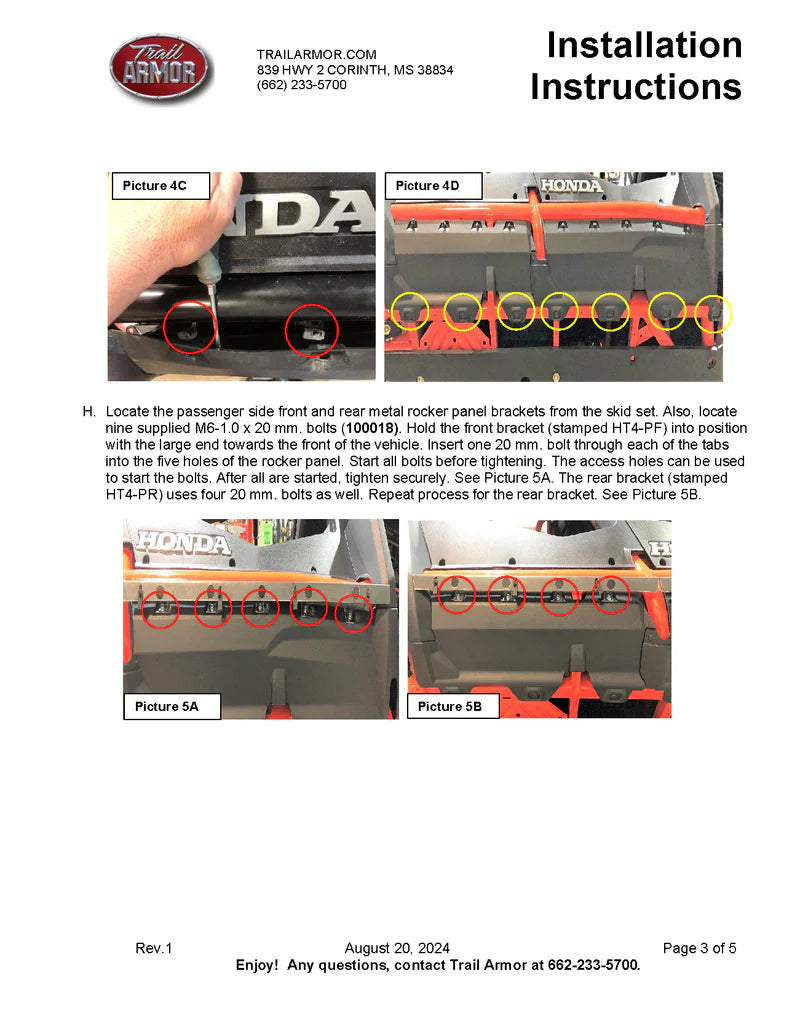 4 Seater Trail Armor 2020 - 2022, 2024 Honda Talon 1000X-4, 2020 - 2024 Talon 1000S-4 Fox Live Valve, 2023 Talon 1000XS-4, Talon 1000XS-4 Fox Live Valve, 2023 - 2024 Talon 1000R-4 Fox Live Valve Full Skids