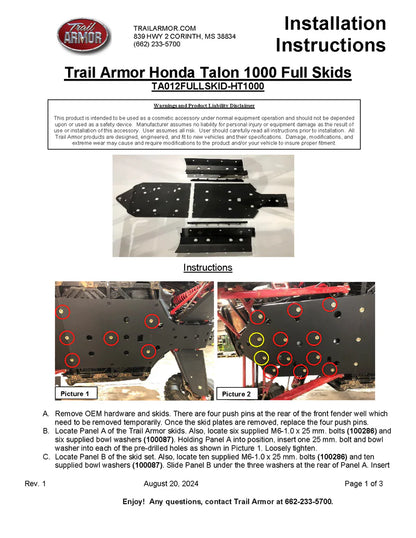 2 Seater Trail Armor Honda Talon 1000 R, Talon 1000 X, Talon 1000 R Fox Live Valve, Talon X Fox Live Valve, Talon 1000 XS, Talon 1000 RS, Talon 100 XS Fox Live Valve, Talon 1000 RS Fox Live Valve Full Skids