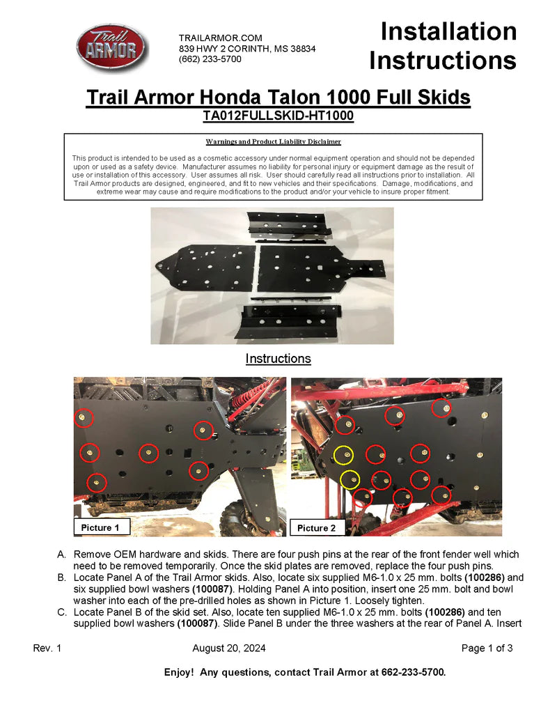 Trail Armor 2 Seater Trail Armor Honda Talon 1000 R, Talon 1000 X, Talon 1000 R Fox Live Valve, Talon X Fox Live Valve, Talon 1000 XS, Talon 1000 RS, Talon 100 XS Fox Live Valve, Talon 1000 RS Fox Live Valve Full Skids